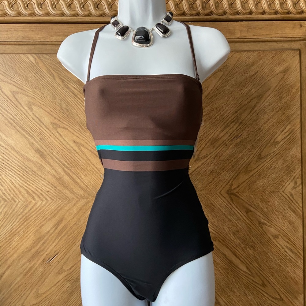 DKNY Black Olive  Colorblock one piece swimsuit
